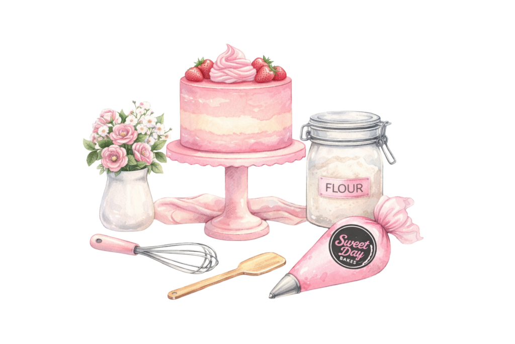 SweetDay Bakes cake illustration with baking tools, flowers, and piping bag