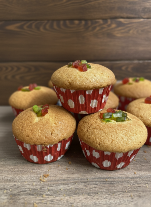 Soft and fluffy vanilla cupcakes with light golden top in paper liners